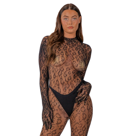 Lace by LJ Open Back Gloved Leopard Print Catsuit Black